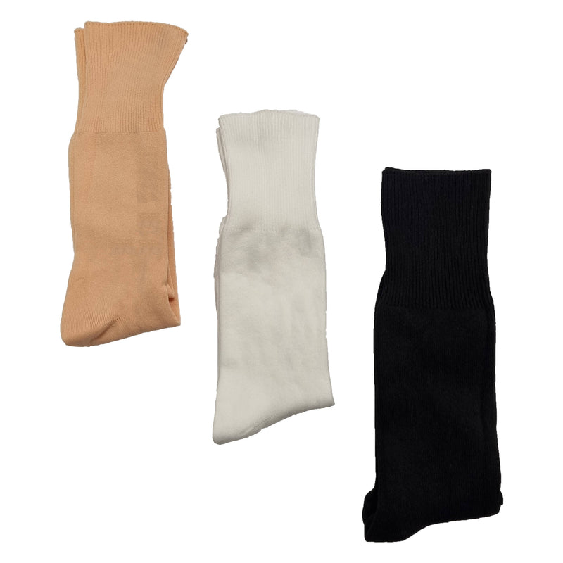 3 pairs of ballet socks in. One pair is pink, one pair is white and the other is black.